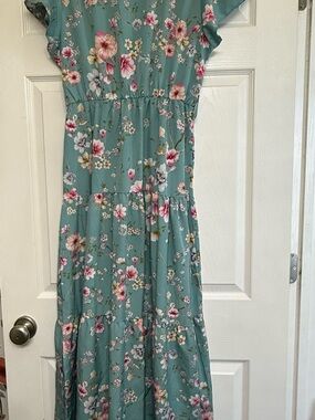 Girls Floral Tiered Maxi Dress - Green Floral